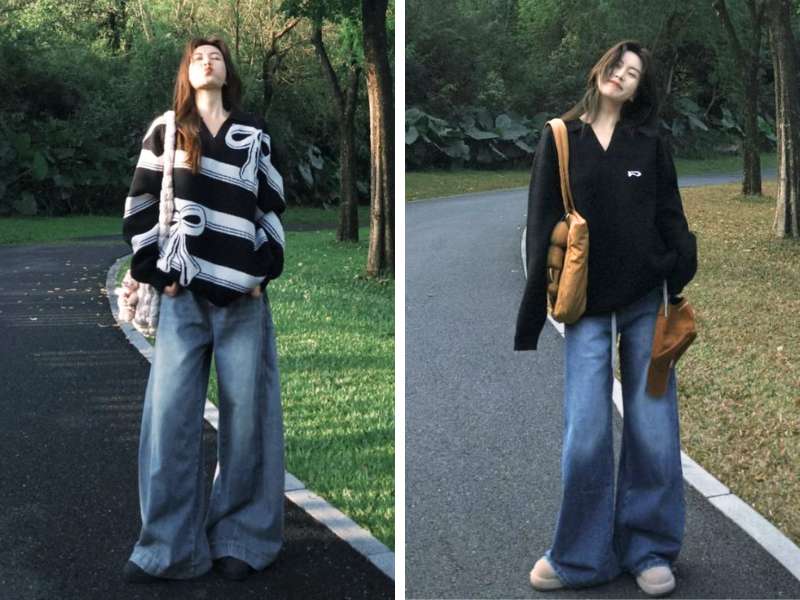 Mix áo sweater với quần jean ống đứng đi Sapa