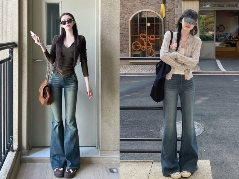Cách mix cardigan dáng ngắn với quần ống loe