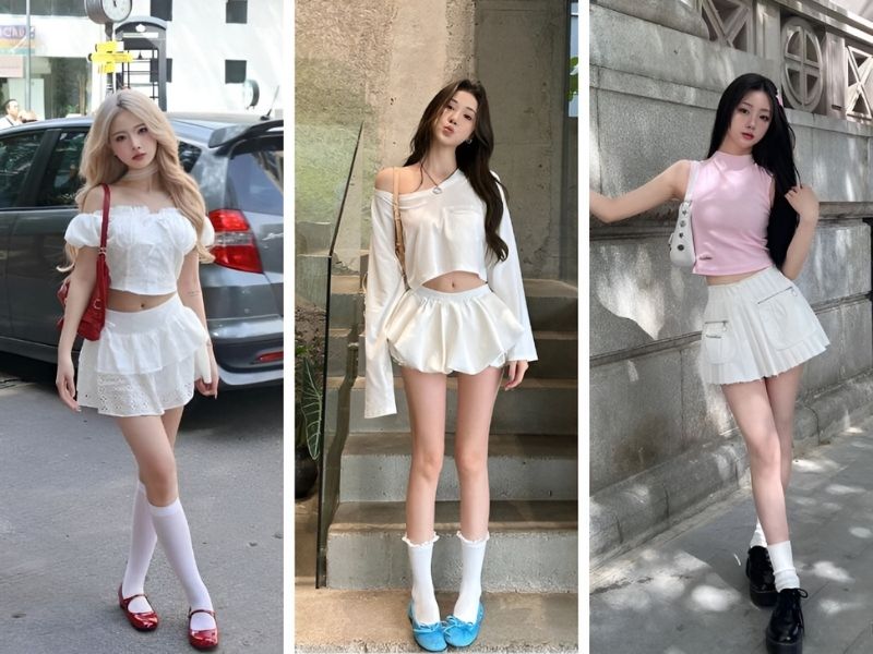  Phối áo croptop và chân váy trắng ngắn