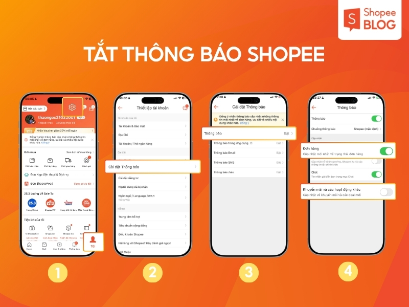 Cách tắt thông báo khuyến mãi, nhận thông báo đơn hàng
