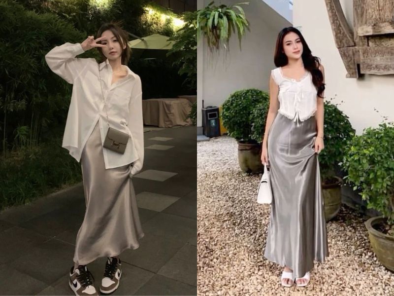 áo trắng với chân váy lụa bạc