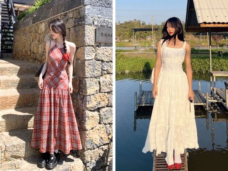 Phối đầm dài vintage xinh xắn đi Sapa