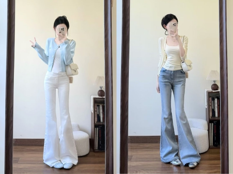 Cách mix cardigan dáng ngắn với quần ống loe