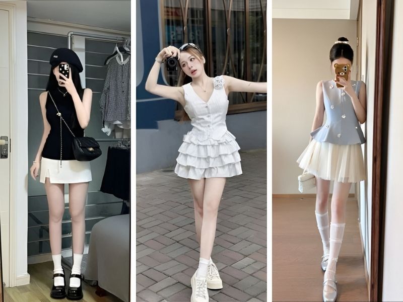 Phối áo sát nách và chân váy trắng ngắn