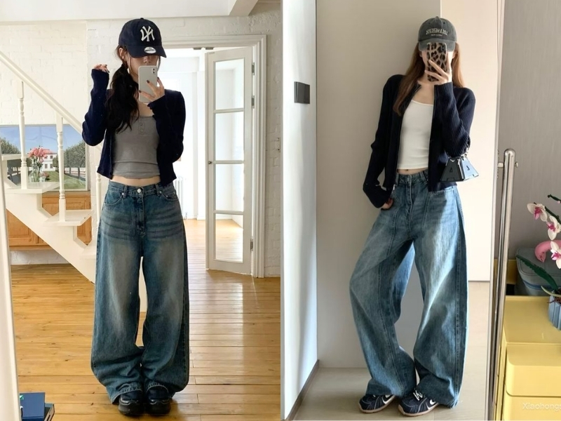 áo len cardigan ngắn cùng quần jean cạp cao