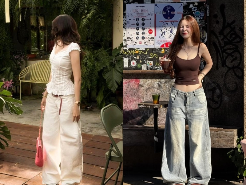 Quần ống rộng phối áo hai dây hoặc áo ôm vừa phải