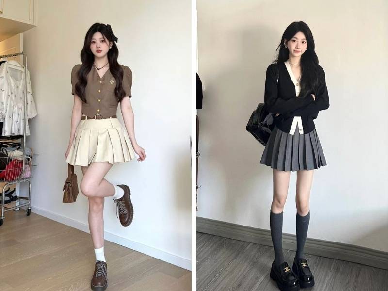 Phối chân váy xếp ly cho dáng tam giác ngược