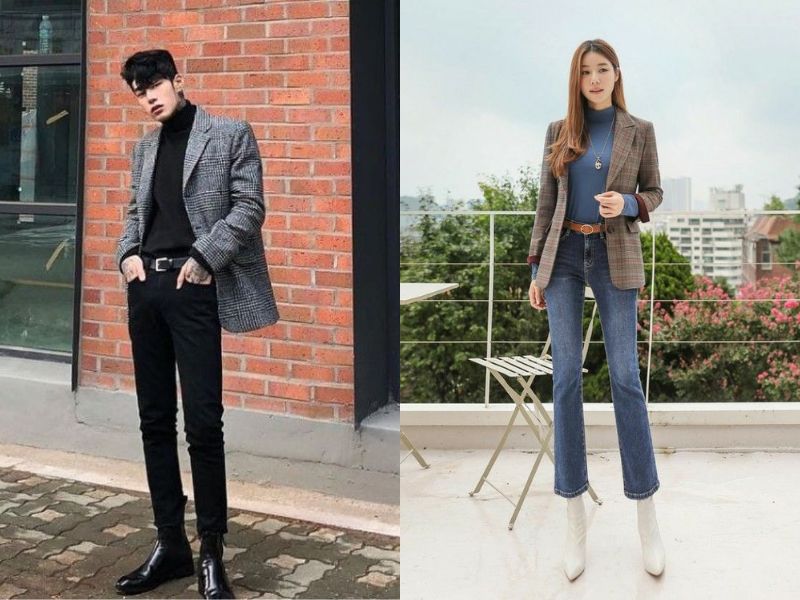 áo cỏ lọ với áo blazer và skinny jeans