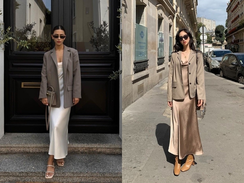Đầm midi mix áo blazer cho người thấp