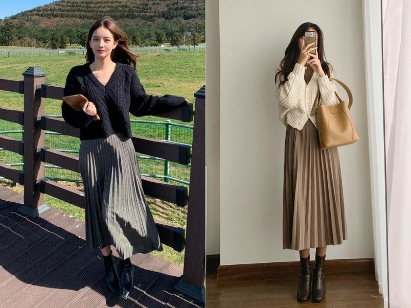 Cách mix đồ với áo cardigan ngắn cùng chân váy midi