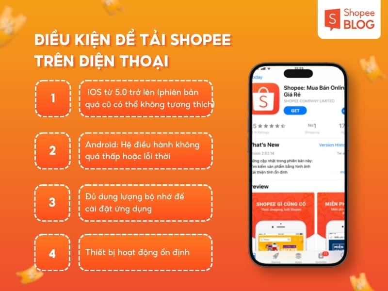 Điều kiện để tải Shopee trên điện thoại.