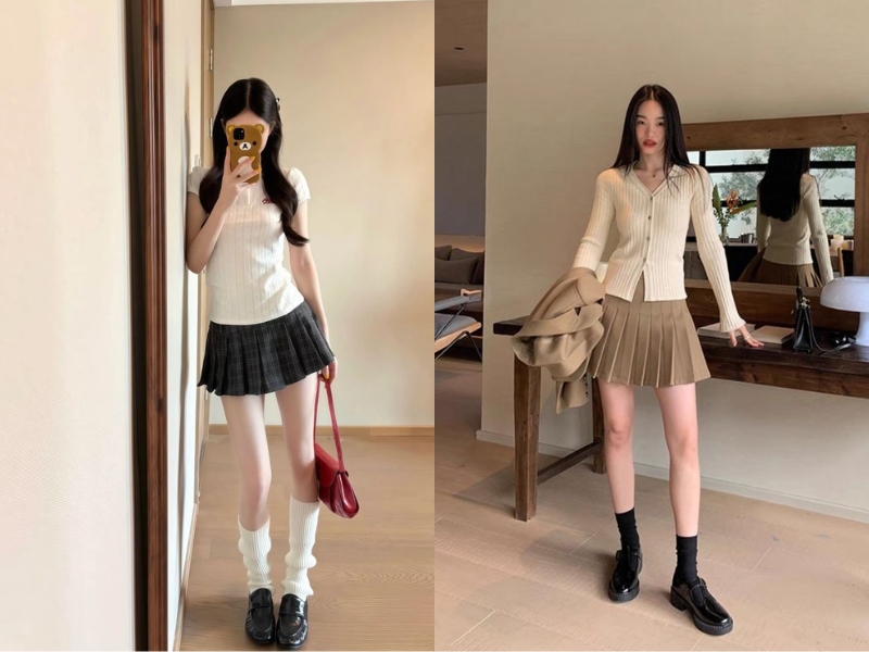 Phối chân váy xếp ly ngắn và áo len ôm