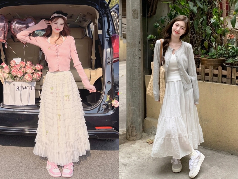 Phối chân váy trắng dài với áo cardigan vintage
