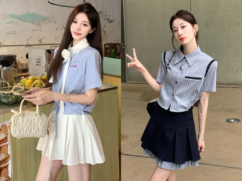 Kết hợp chân váy xếp ly ngắn với áo sơ mi ngắn tay thanh lịch