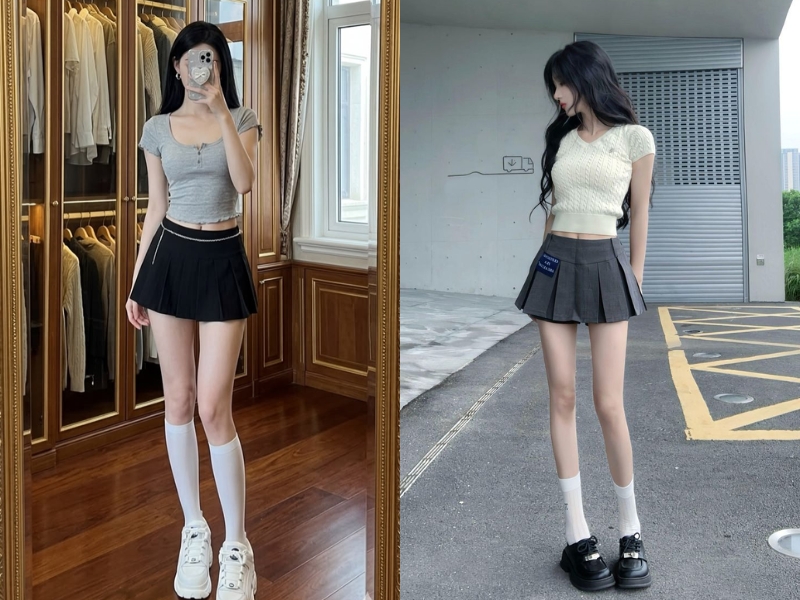 Phối chân váy xếp ly ngắn với áo croptop