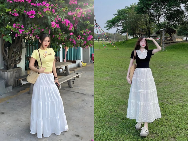 Phối chân váy xòe dài trắng cùng áo thun