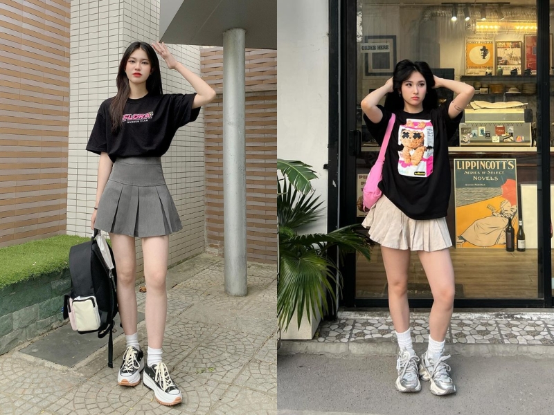 Phối chân váy xếp ly ngắn với sneaker trắng