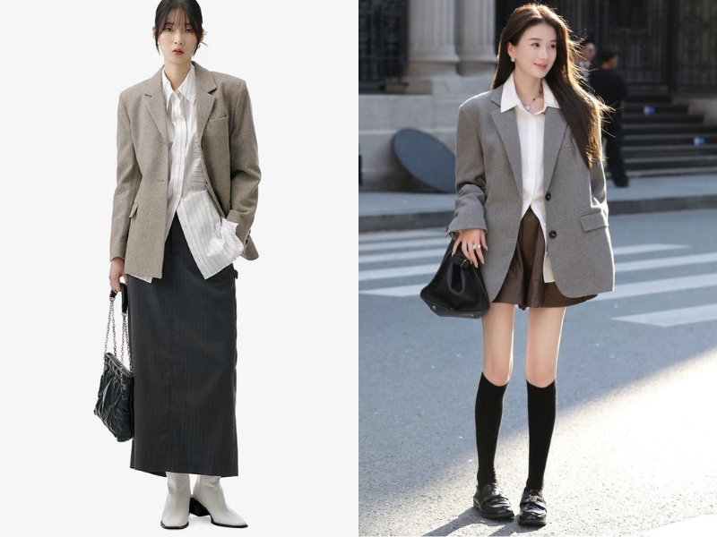Chân váy kaki chữ A phối với blazer