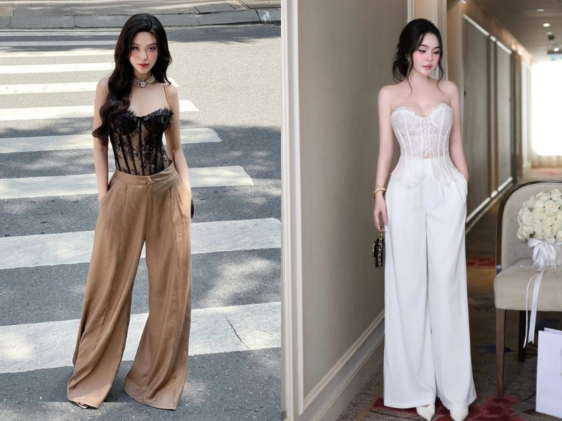 Set áo corset phối quần suông cạp cao 