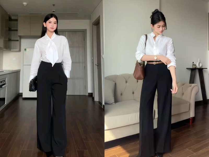 quần tây đen ống rộng với áo sơ mi trắng