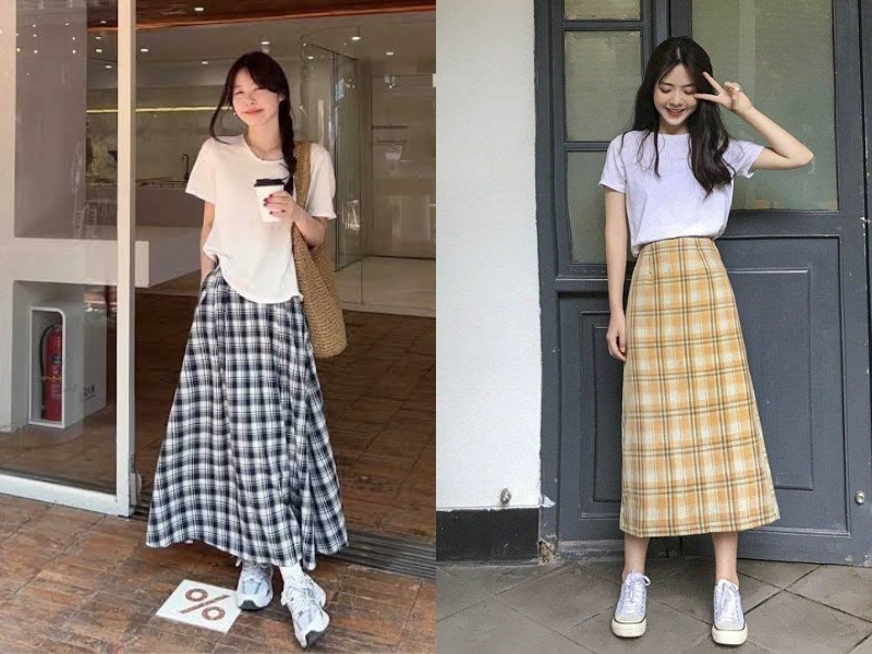 phối đồ với chân váy caro chữ A cùng áo thun basic