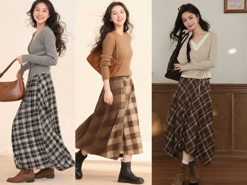 phối đồ với chân váy chữ A dáng caro