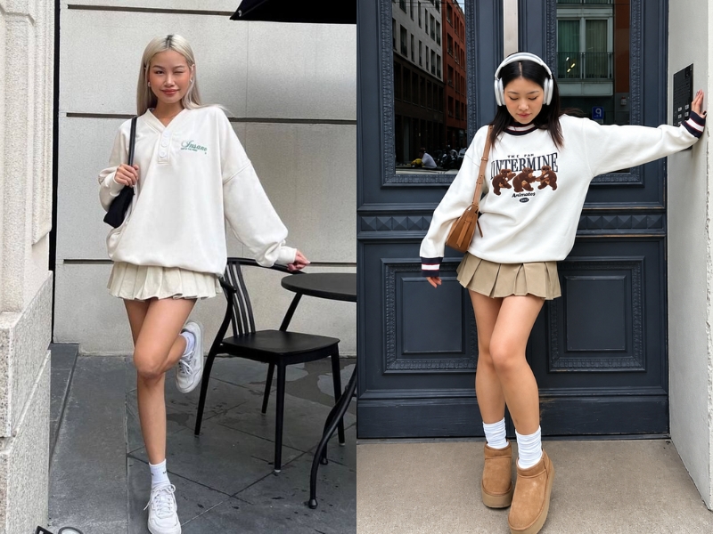 Mix chân váy xếp ly ngắn mùa đông với hoodie