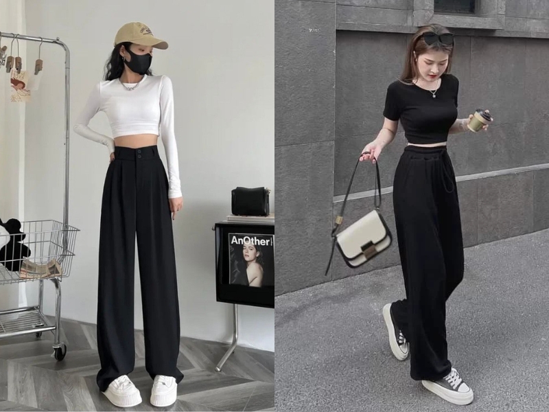 phối quần tây đen ống rộng với áo croptop 