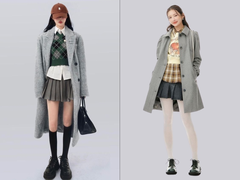 Mix đồ với chân váy xếp ly ngắn mùa đông cùng áo dạ dài 