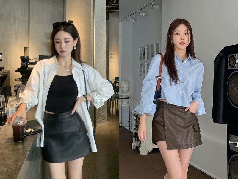 Phối chân váy da chữ A với áo sơ mi 