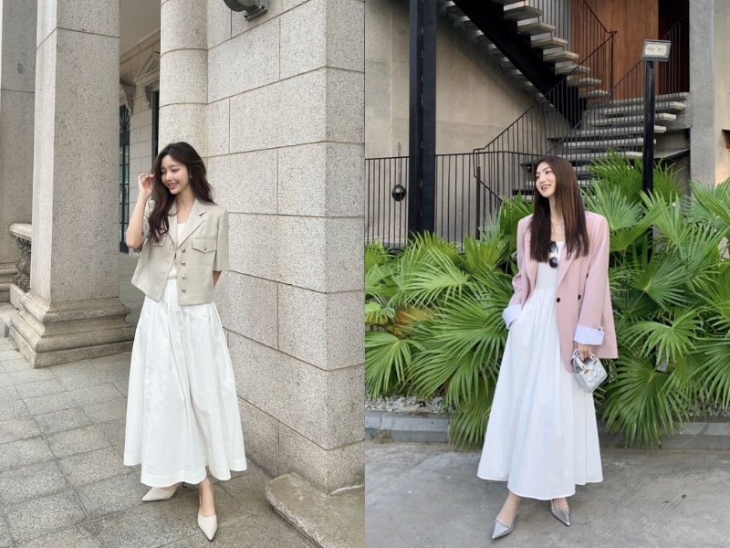Mix chân váy xòe dài trắng với blazer