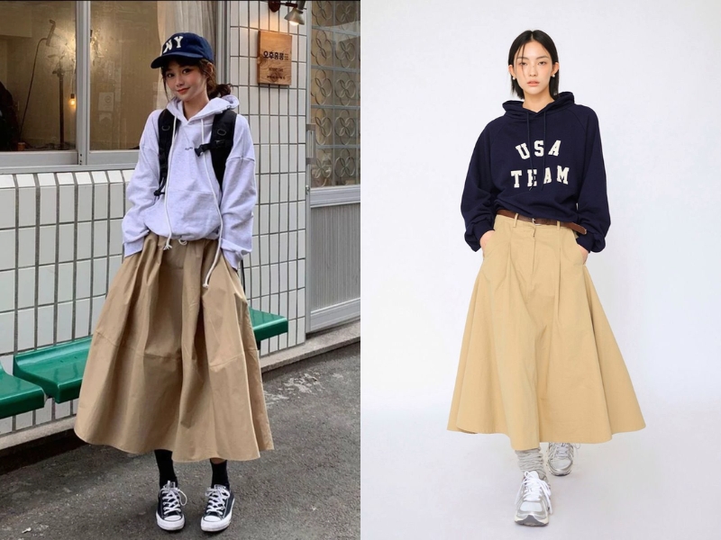 Phối chân váy kaki chữ A với hoodie
