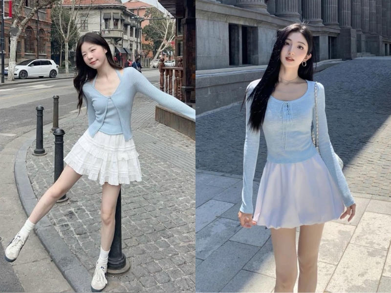 Chân váy chữ A trắng với áo len mỏng