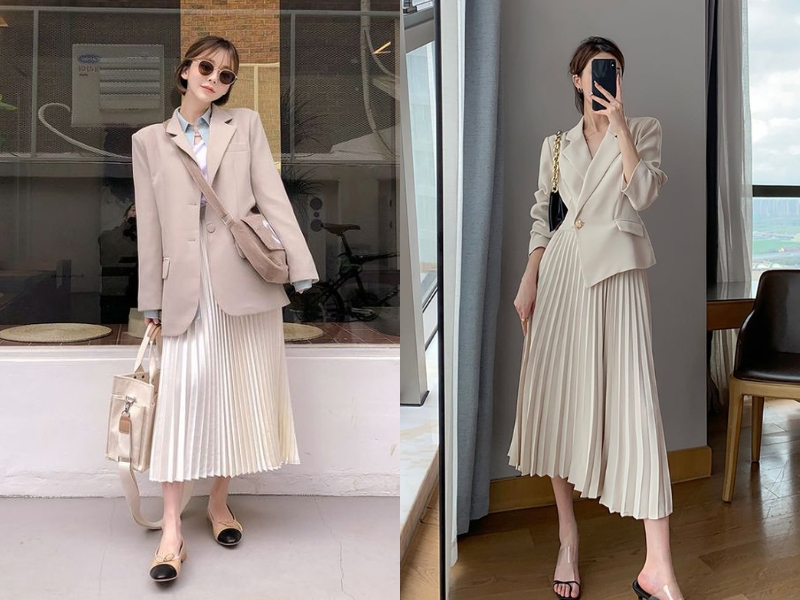 Chân váy xòe dài xếp ly phối cùng áo hai dây