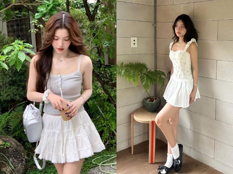 Phối chân váy chữ A trắng với áo hai dây