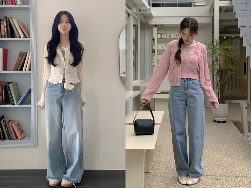 áo len ôm cardigan với quần jean