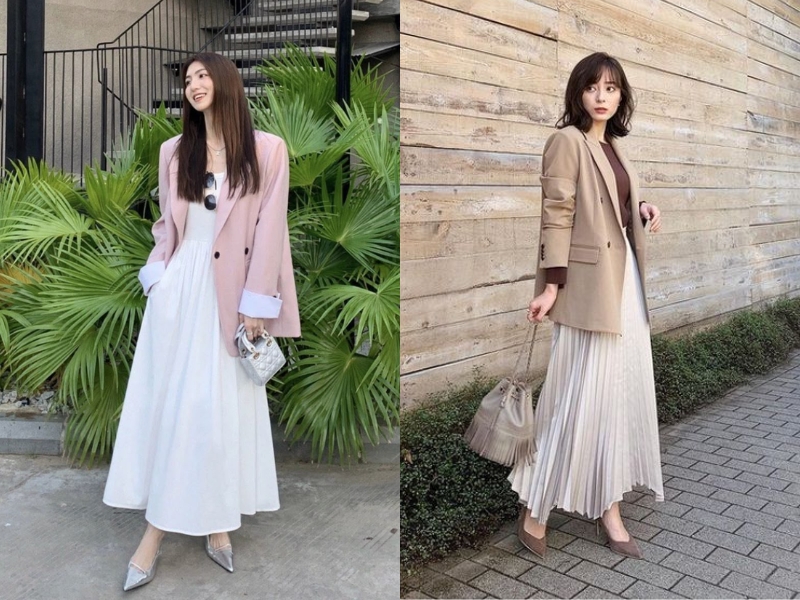 Phối chân váy chữ A trắng với blazer