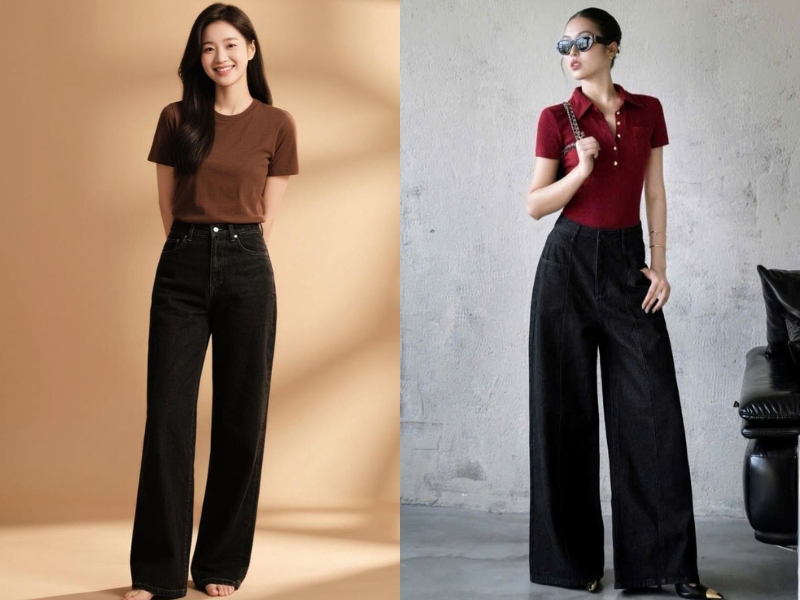 Áo thun ôm phối với quần jeans tối màu 