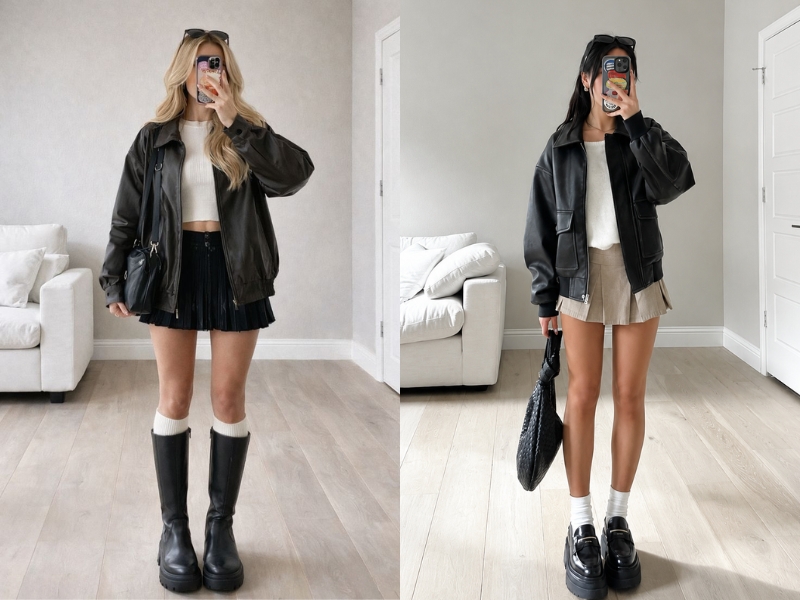 Phối chân váy xếp ly ngắn với áo da 