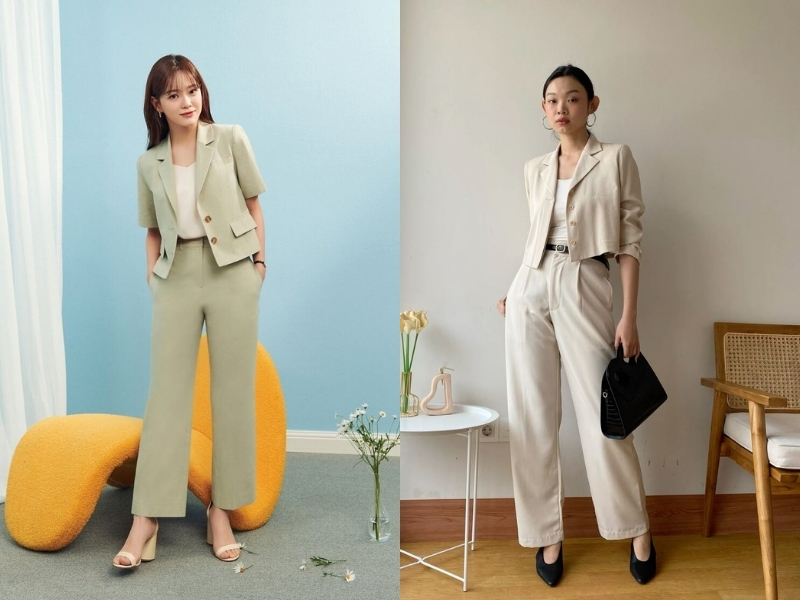 Blazer lửng phối quần suông công sở cho nấm lùn