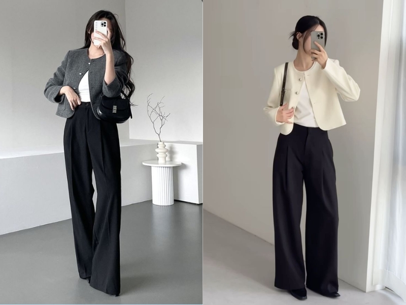Phối quần tây đen ống rộng với blazer 