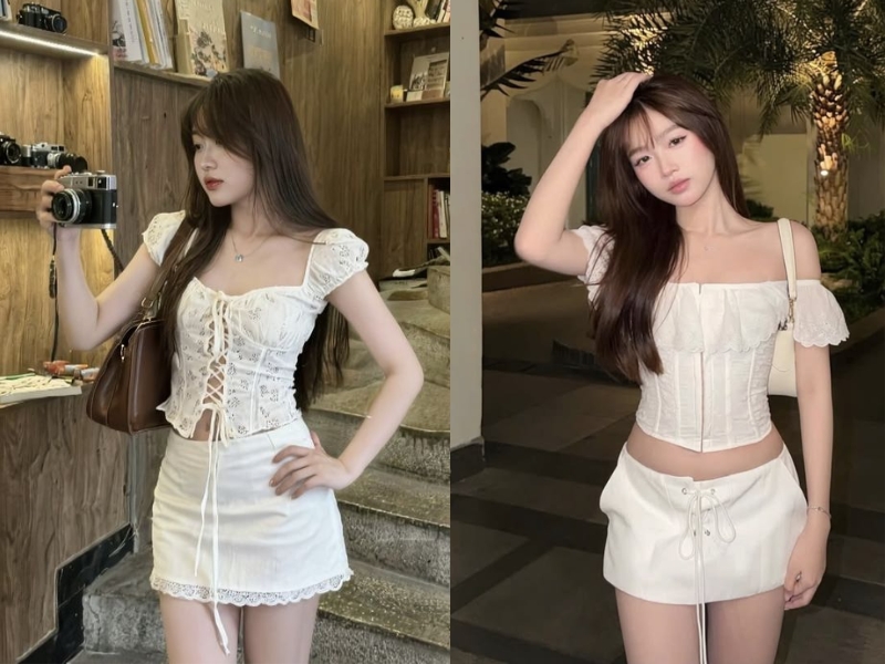 Phối đồ với chân váy chữ A trắng và áo croptop