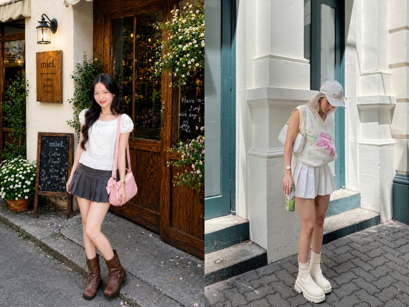 Mix chân váy xếp ly ngắn với boots cổ thấp 