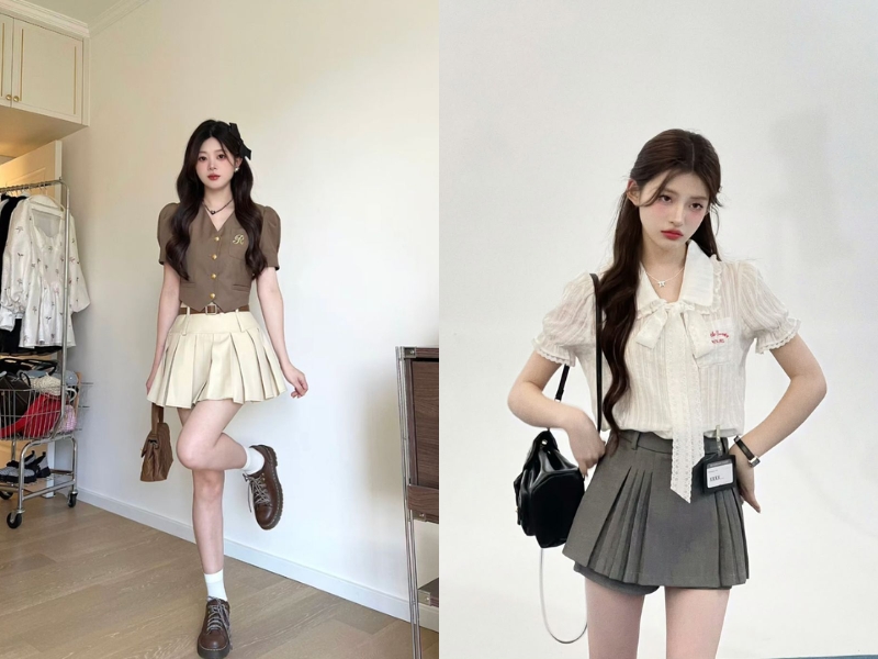 Mix chân váy xếp ly ngắn với áo kiểu tiểu thư Hàn Quốc
