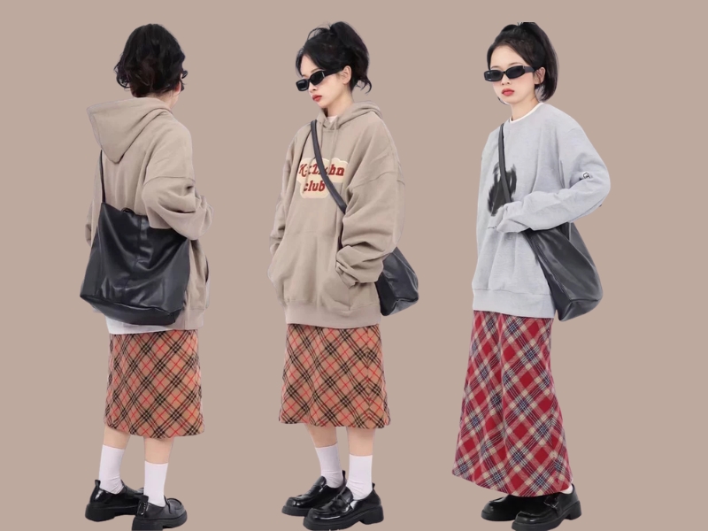Phối chân váy len chữ A với áo hoodie