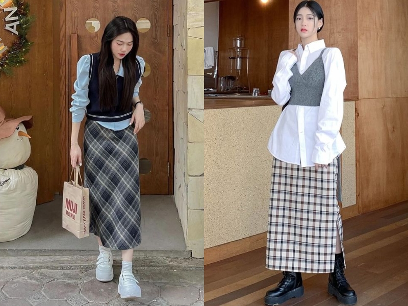 chân váy caro chữ A với áo sơ mi