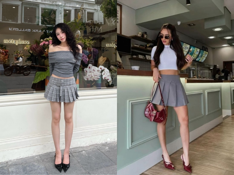 Phối chân váy xếp ly ngắn với cao gót mũi nhọn 