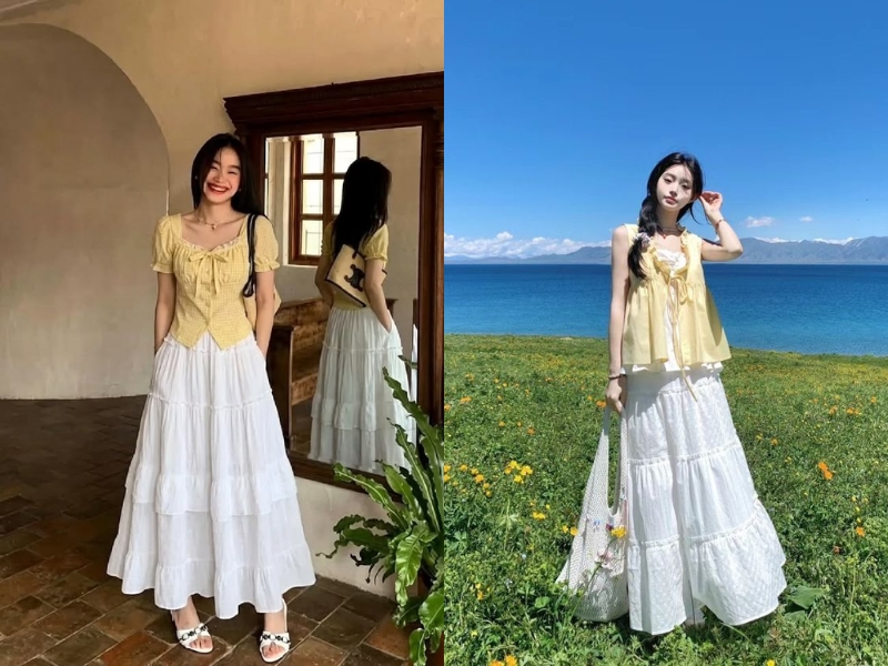Cách phối đồ với chân váy xòe dài trắng theo phong cách vintage