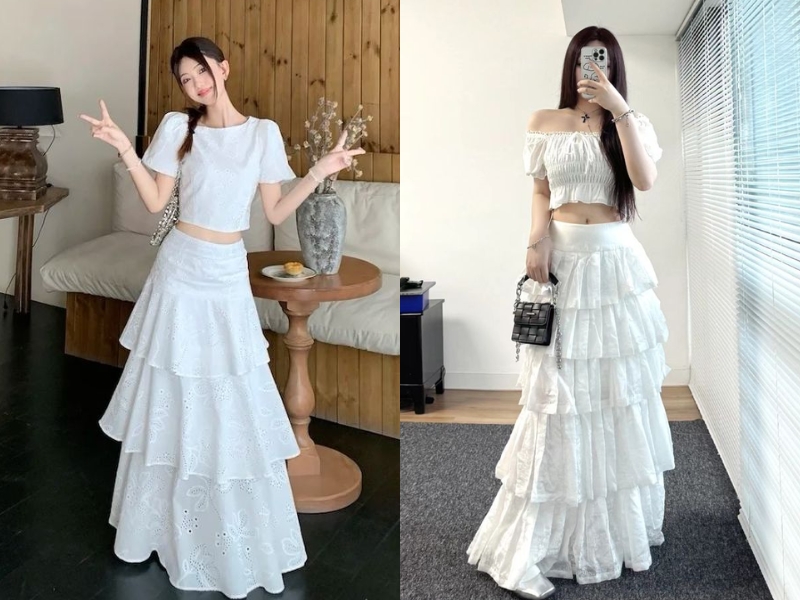 Phối đồ với chân váy xòe dài trắng và áo croptop