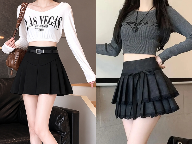 Mix chân váy xếp ly đen với áo croptop